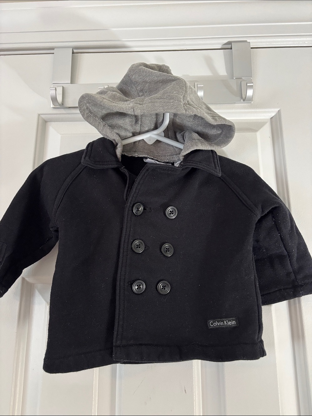Calvin Klein Black Kids Double-Breasted Coat with Gray Hood
